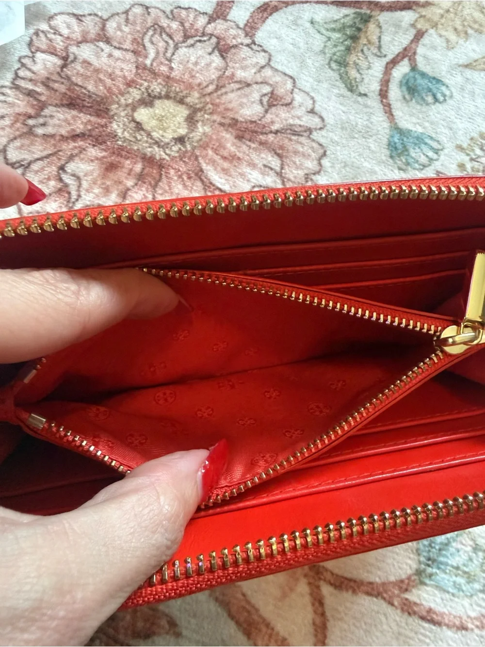 Tory Burch Glossy Red Patent Zip Wallet with Logo